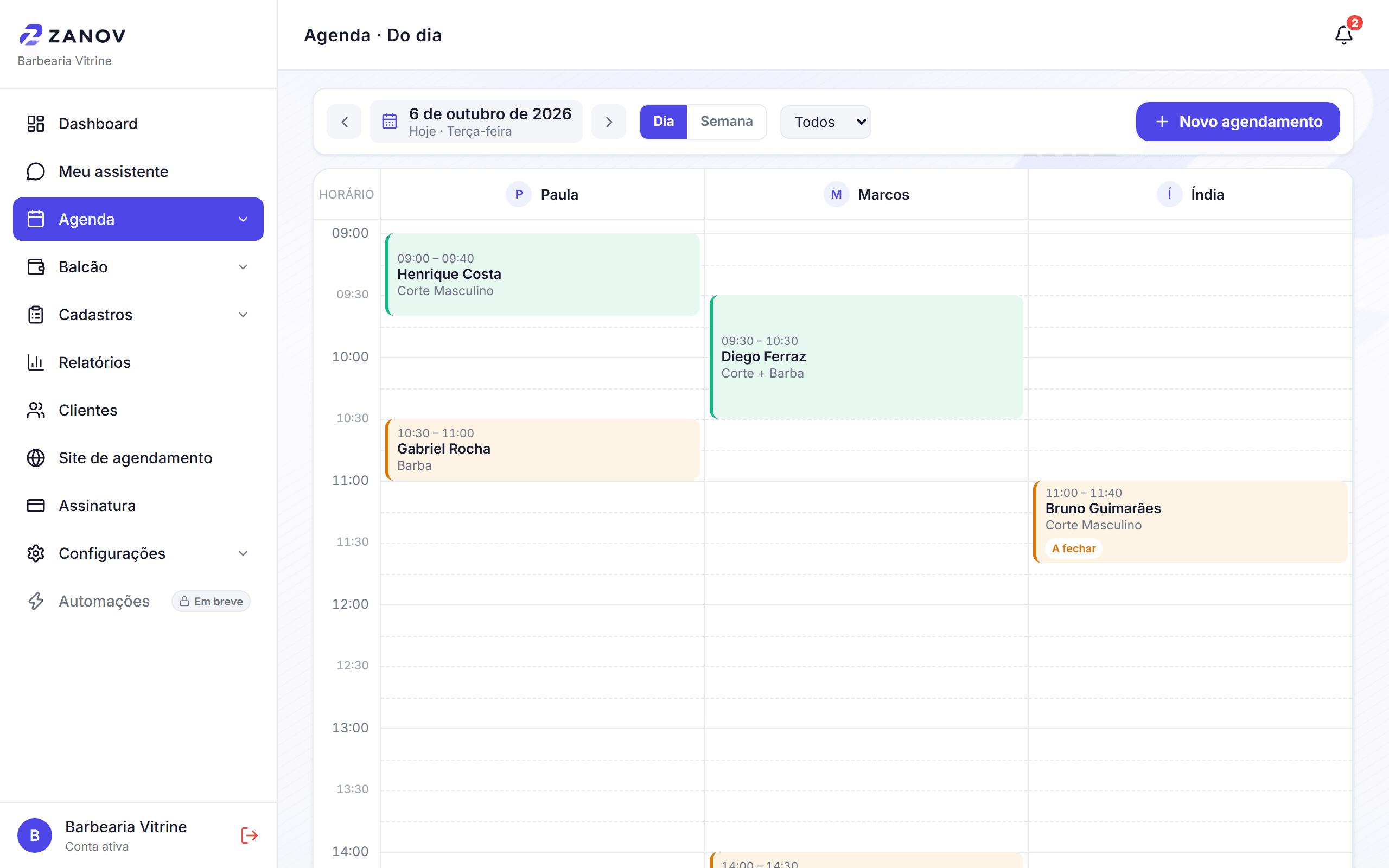 Agenda do dia no Zanov, com os horários de cada profissional lado a lado, no computador e no celular
